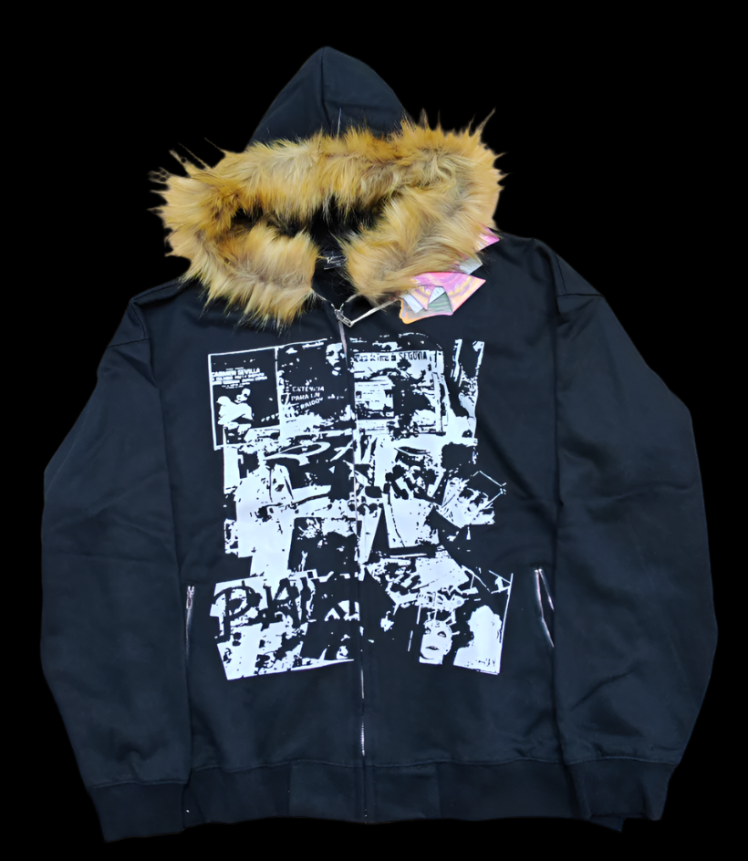 🖤 "FUR LINED COLLAGE" HOODED ZIP