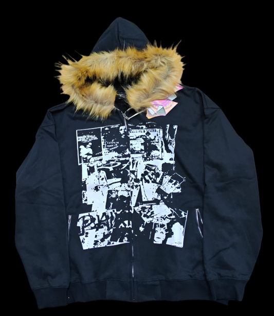 🖤 "FUR LINED COLLAGE" HOODED ZIP